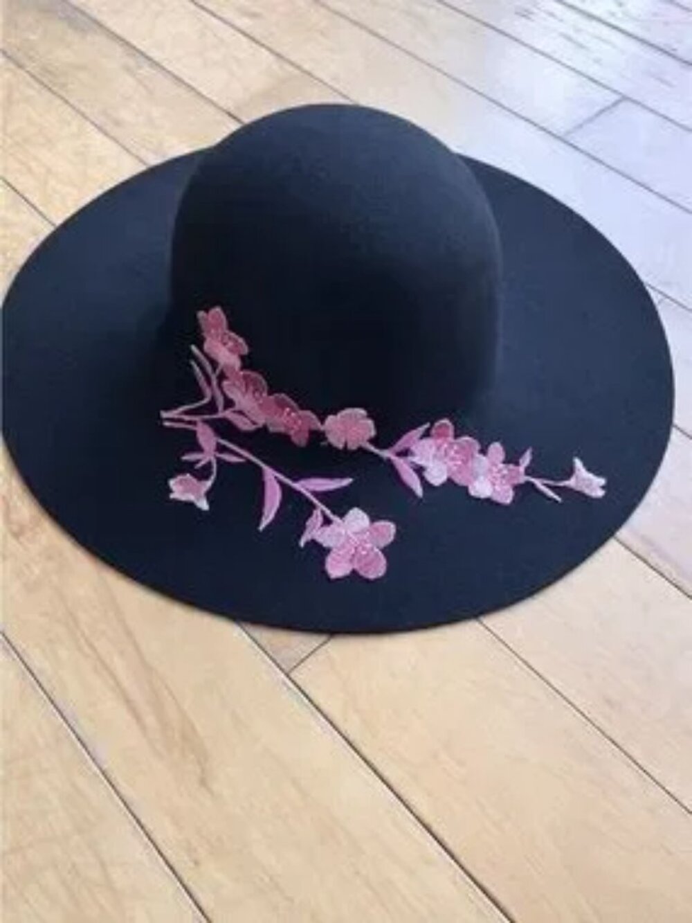 Morgan & Taylor Wide-Brim Black Wool Hat with Pink Floral Embroidery